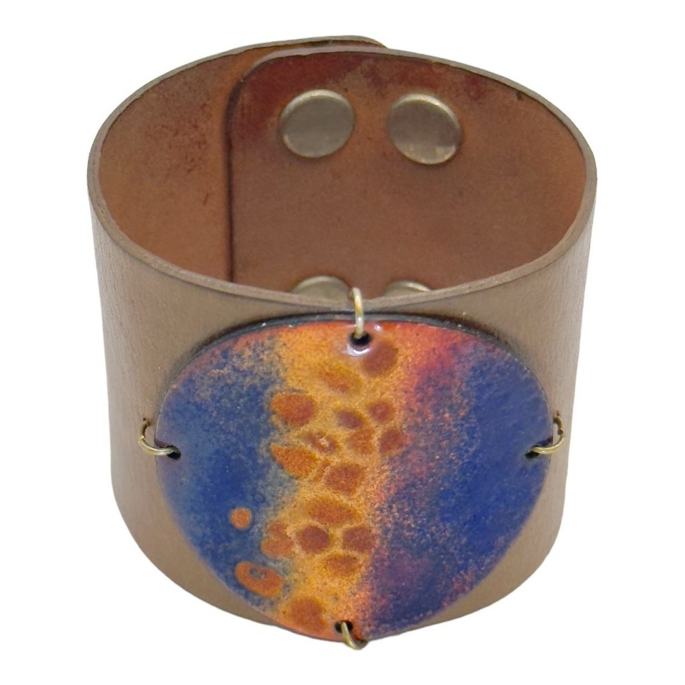Leighelena GENUINE Leather Metallic Cuff Bracelet with Enamel Centerpiece